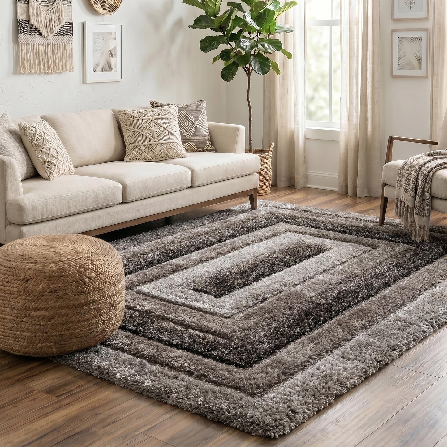 California Hand-Carved Shaggy Rug - Bordered Grey
