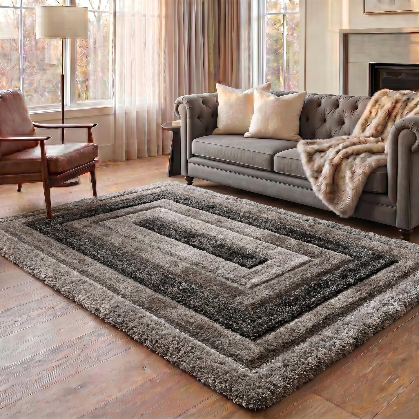 California Hand-Carved Shaggy Rug - Bordered Grey