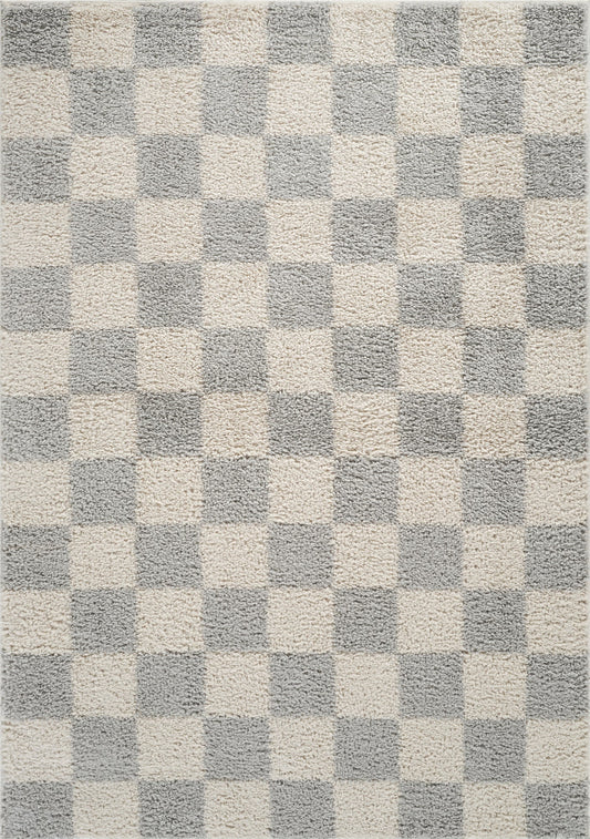 Grey Chester checkerboard rug, flat portrait view