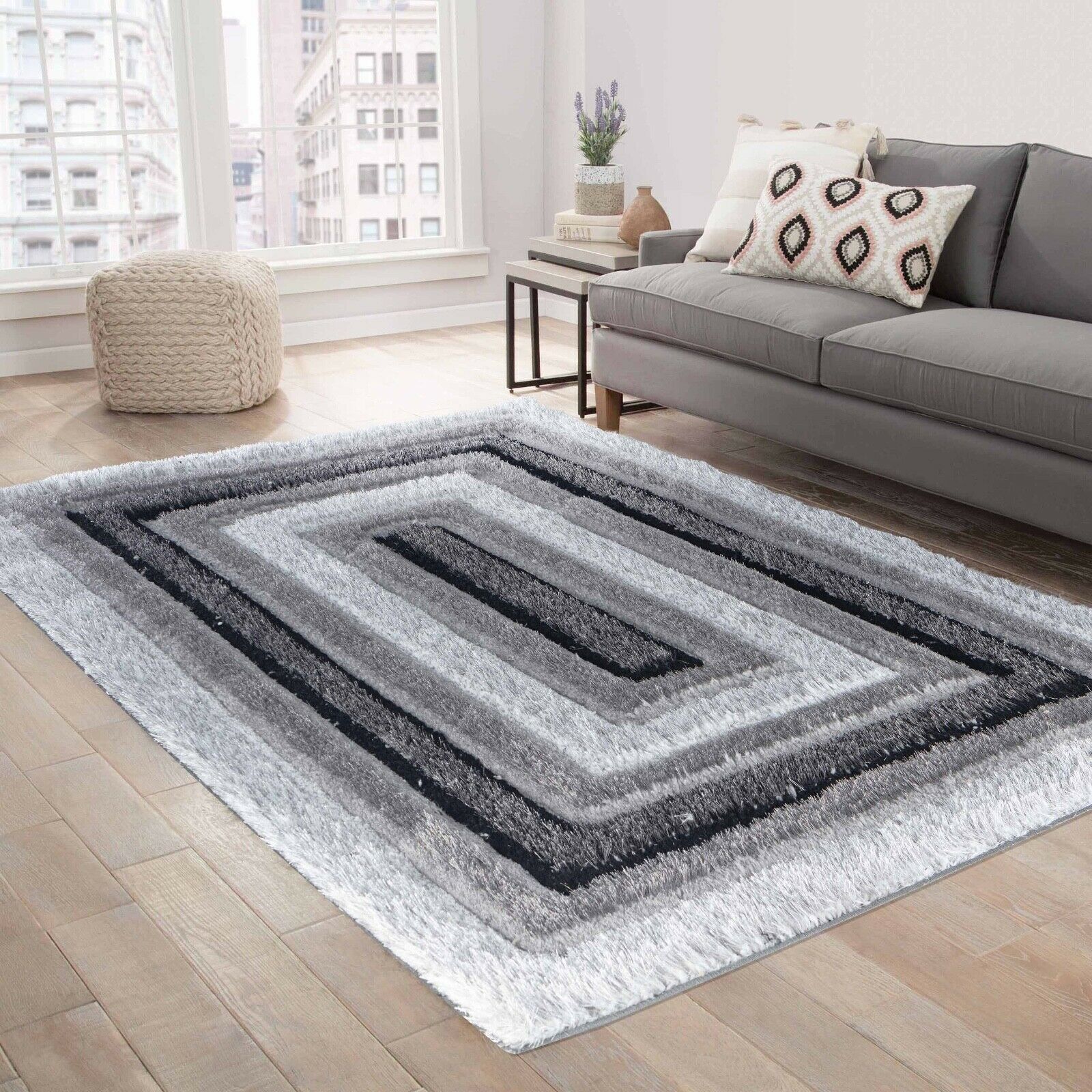 California Bordered Shaggy Rug - Grey