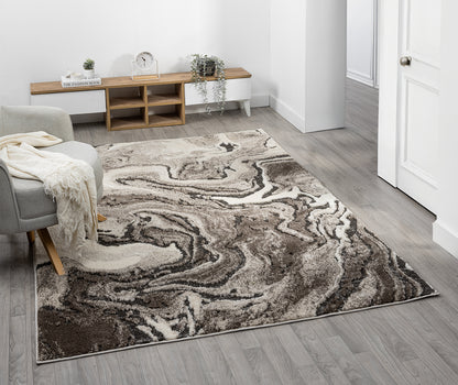 Mocha Eleanor Marble embossed abstract rug, in a room setting