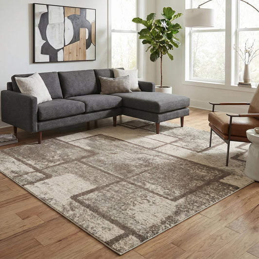 Sage Green Rhodes Enigma geometric rug, in a room setting