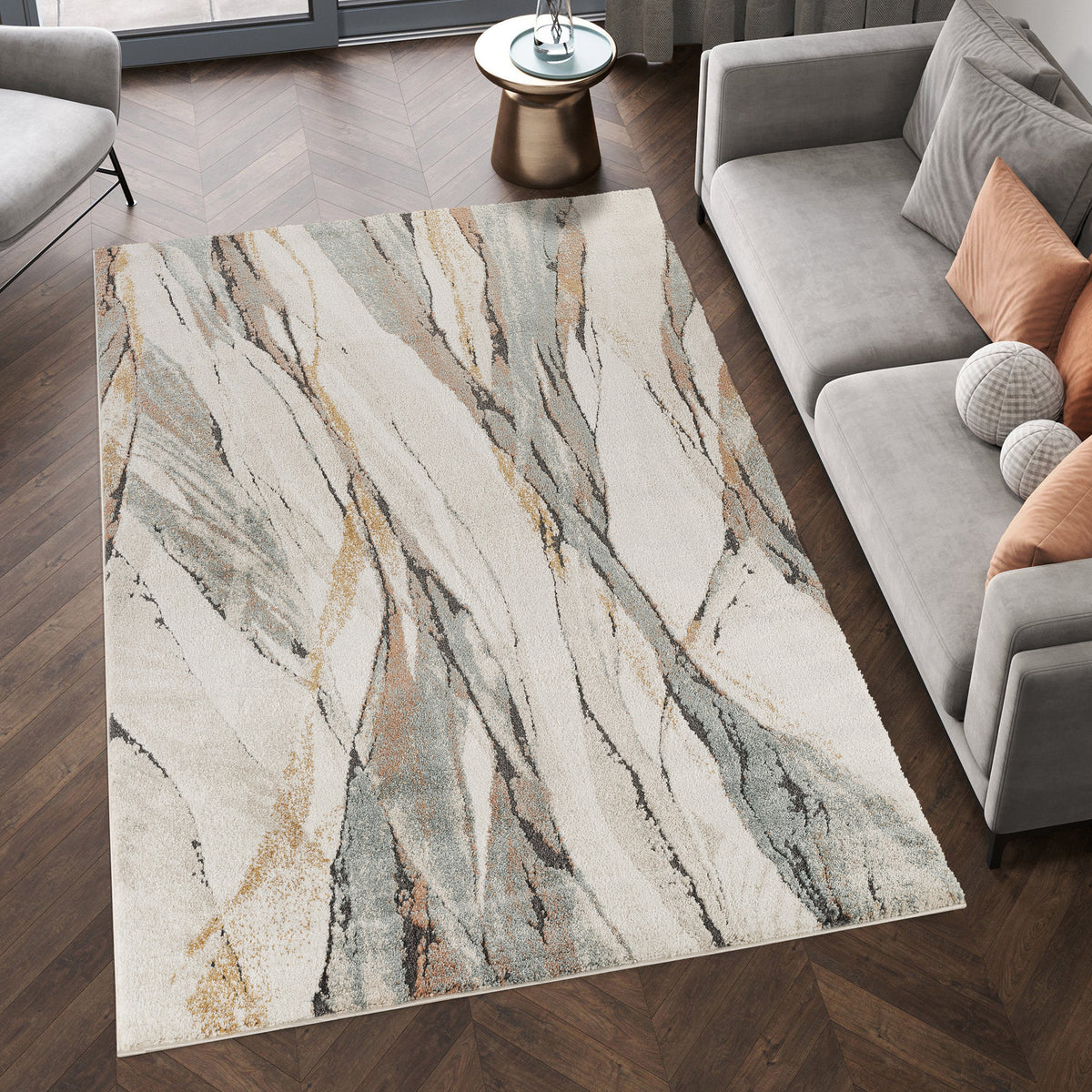 Essence Aura textured abstract rug, in a room setting