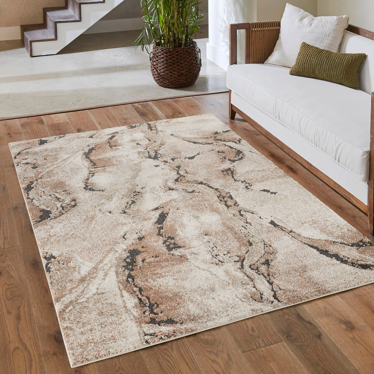 Terracotta Essence Lava textured abstract rug, in a room setting 3