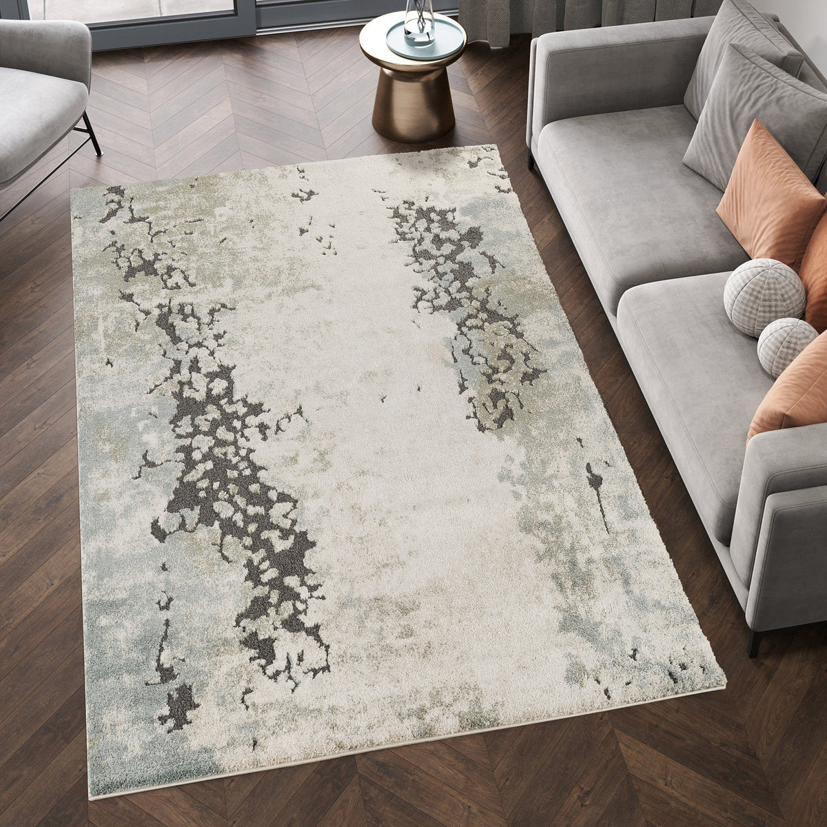 Sage Green Essence River textured abstract rug, in a room setting