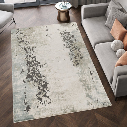 Sage Green Essence River textured abstract rug, in a room setting