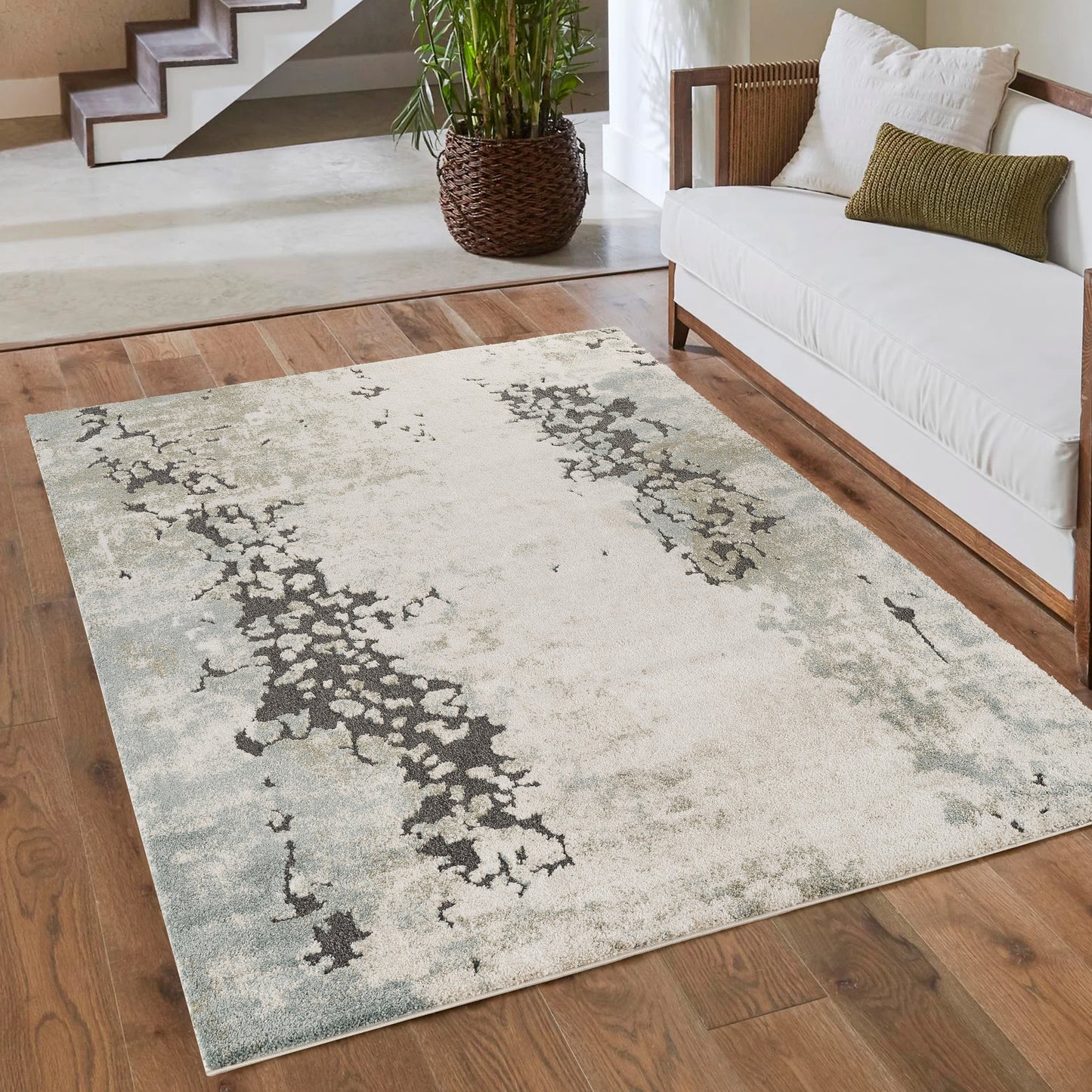 Sage Green Essence River textured abstract rug, in a room setting 3