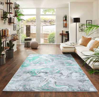 Aqua Emperor Solarius abstract rug, in a room setting