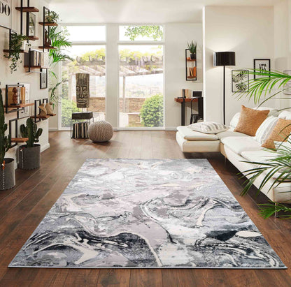 Silver Emperor Solarius abstract rug, in a room setting