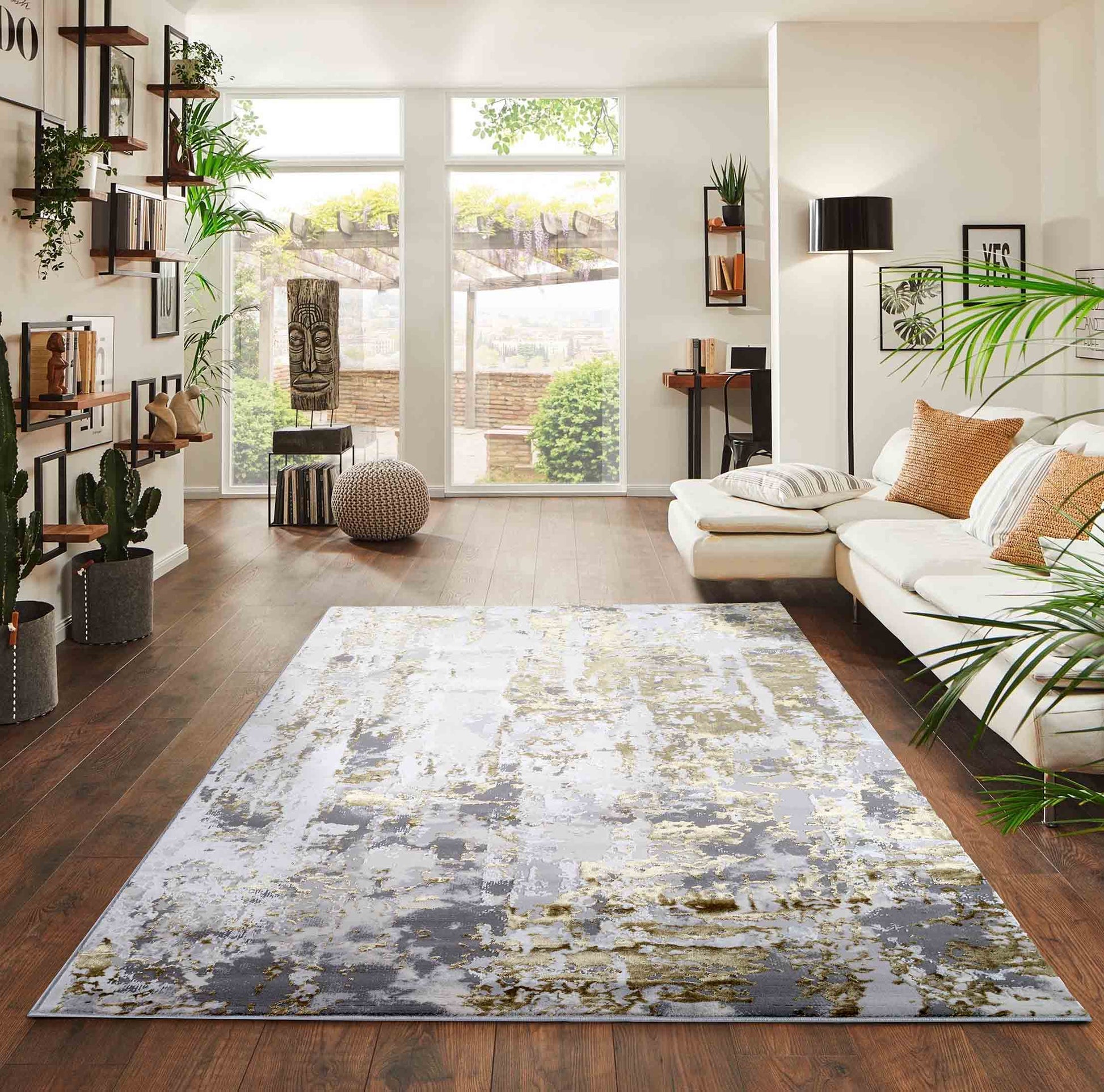 Gold Emperor Styra abstract rug, in a room setting