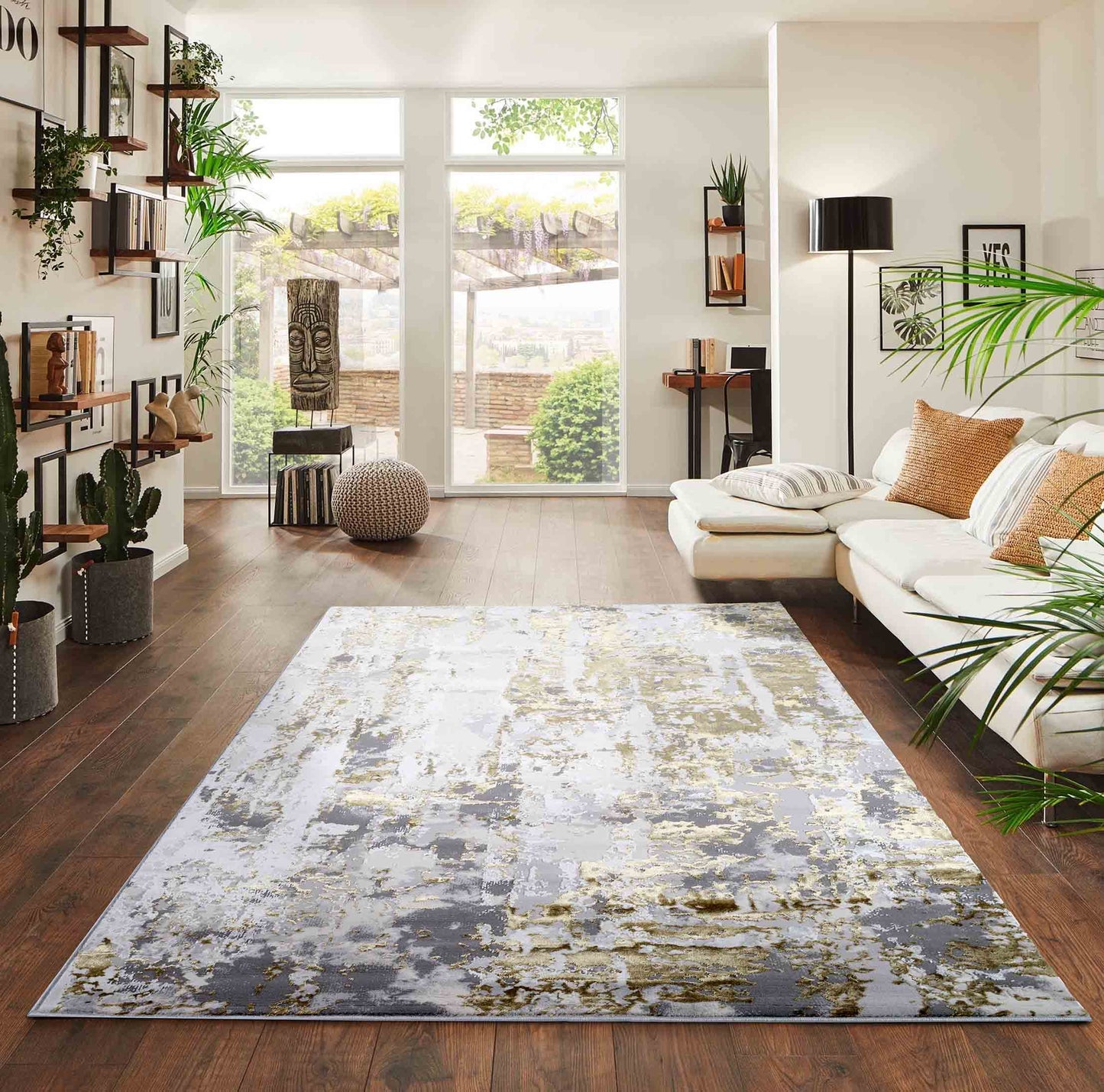 Gold Emperor Styra abstract rug, in a room setting