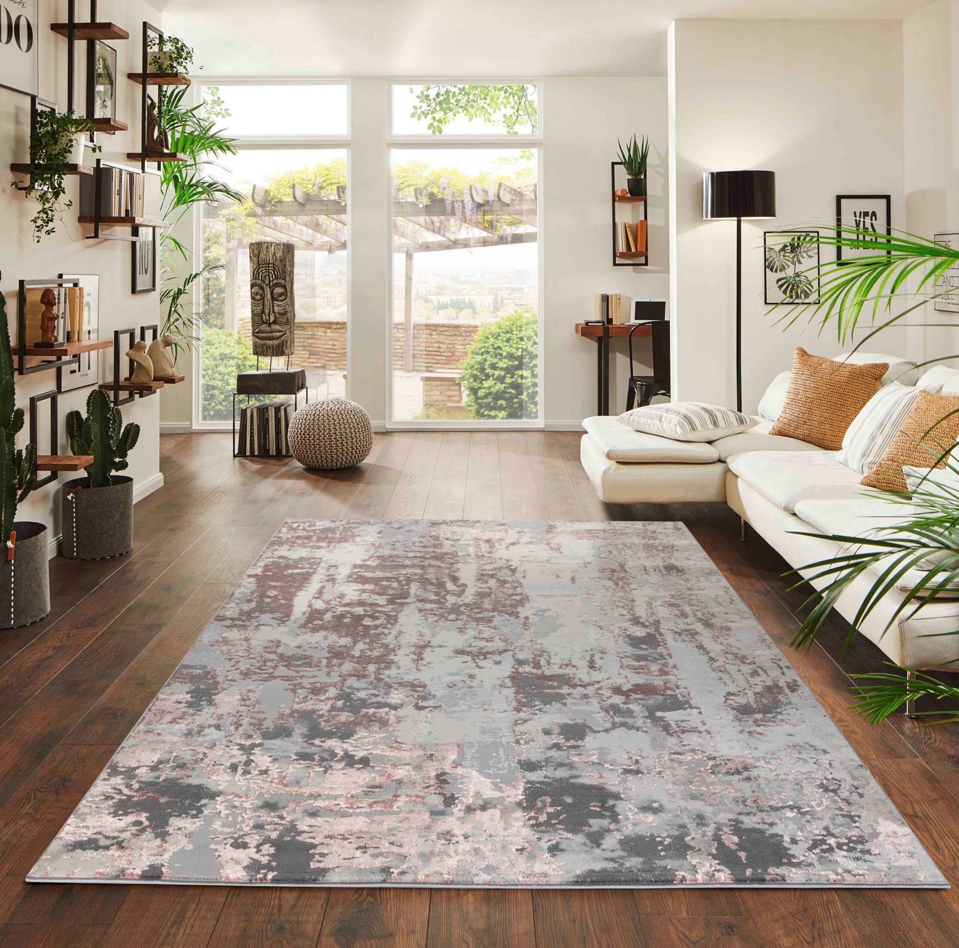 Pink Emperor Styra abstract rug, in a room setting
