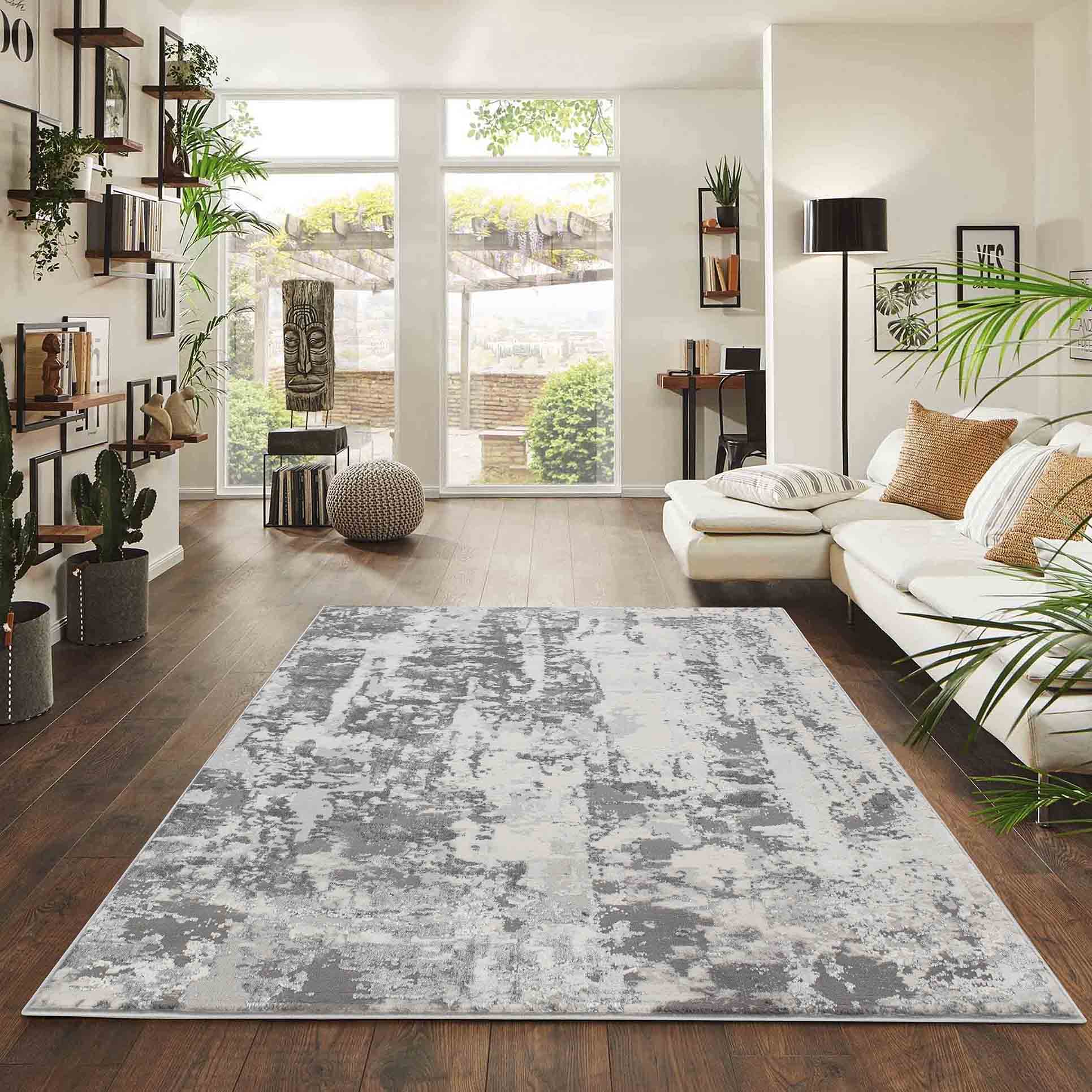 Silver Emperor Styra abstract rug, in a room setting