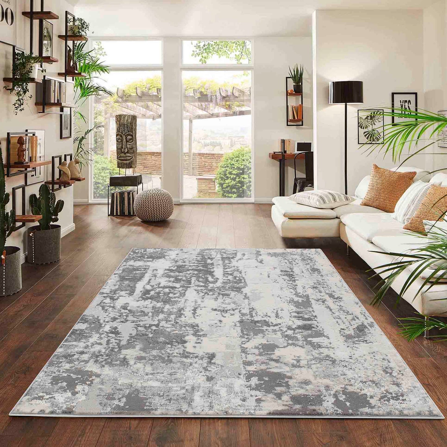 Silver Emperor Styra abstract rug, in a room setting