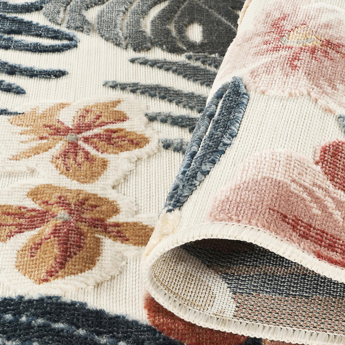 Cream Gardenia Azalea floral rug, backing detail
