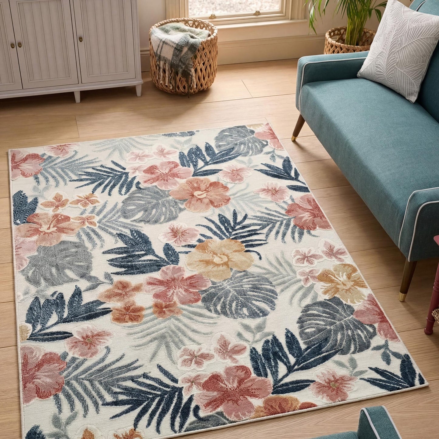 Cream Gardenia Azalea floral rug, in a room setting
