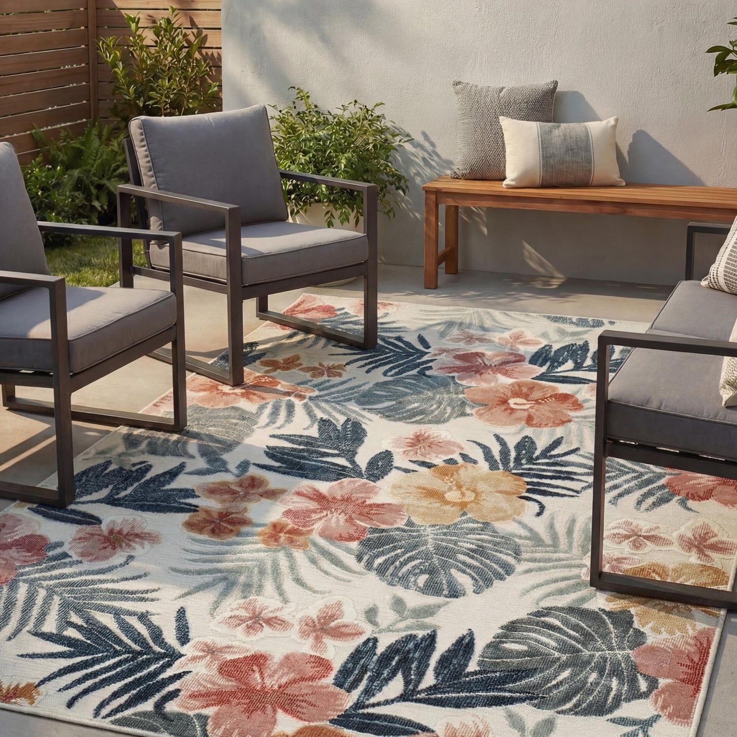 Cream Gardenia Azalea floral rug, in a room setting 2