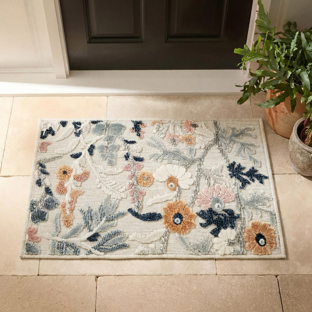 Cream Gardenia Daisy floral rug, doormat view