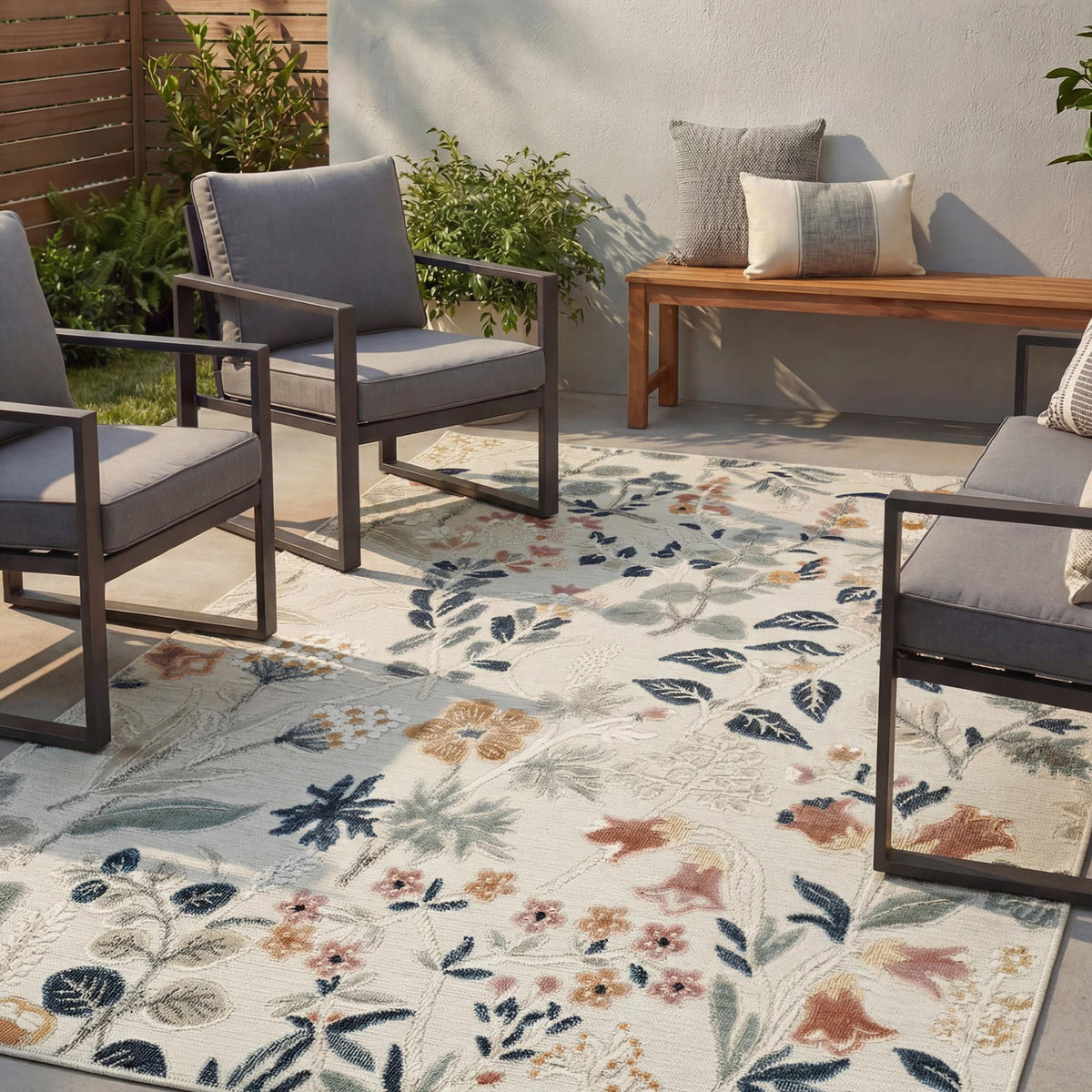 Cream Gardenia Daisy floral rug, in a room setting 2