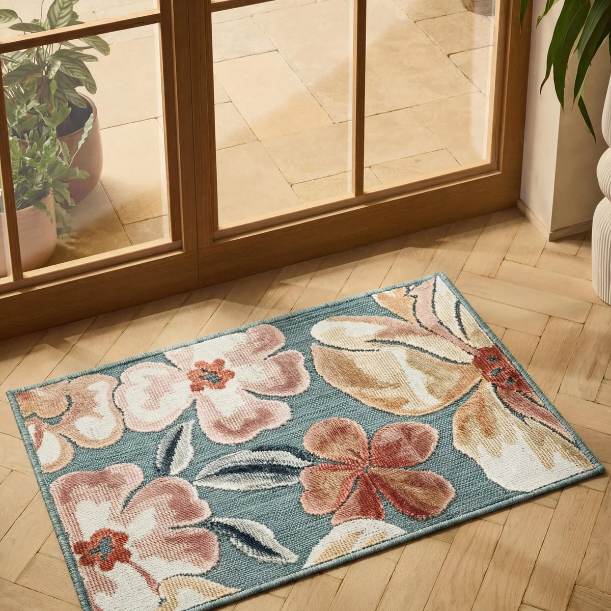 Blue Gardenia Jasmine floral rug, doormat view 2