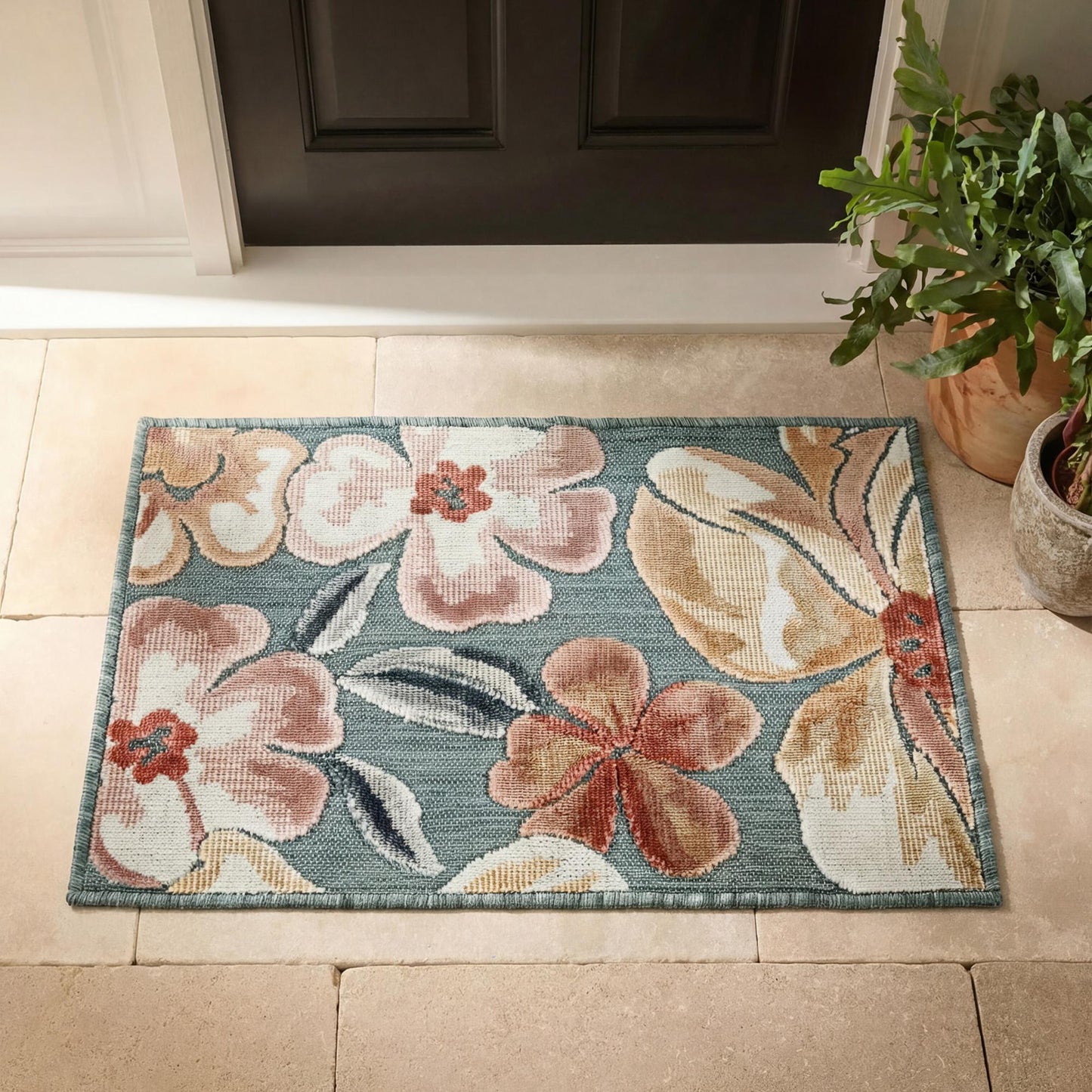 Blue Gardenia Jasmine floral rug, doormat view