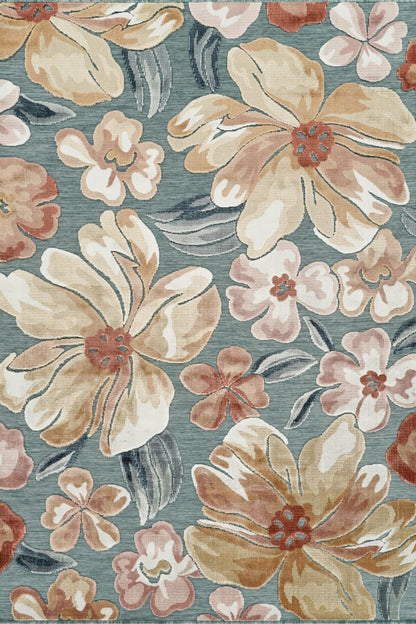 Blue Gardenia Jasmine floral rug, flat portrait view