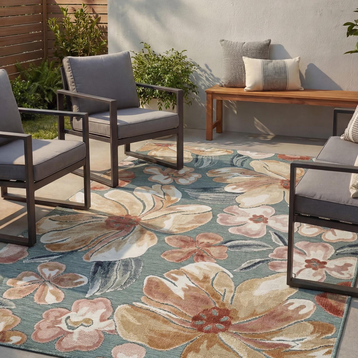 Blue Gardenia Jasmine floral rug, in a room setting 2