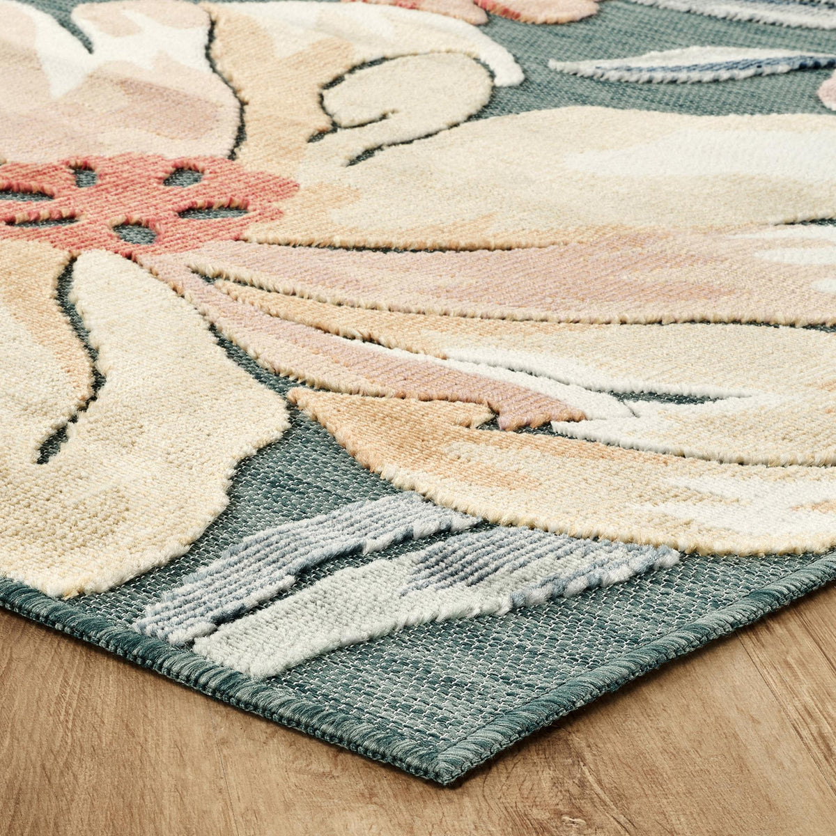 Blue Gardenia Jasmine floral rug, side profile