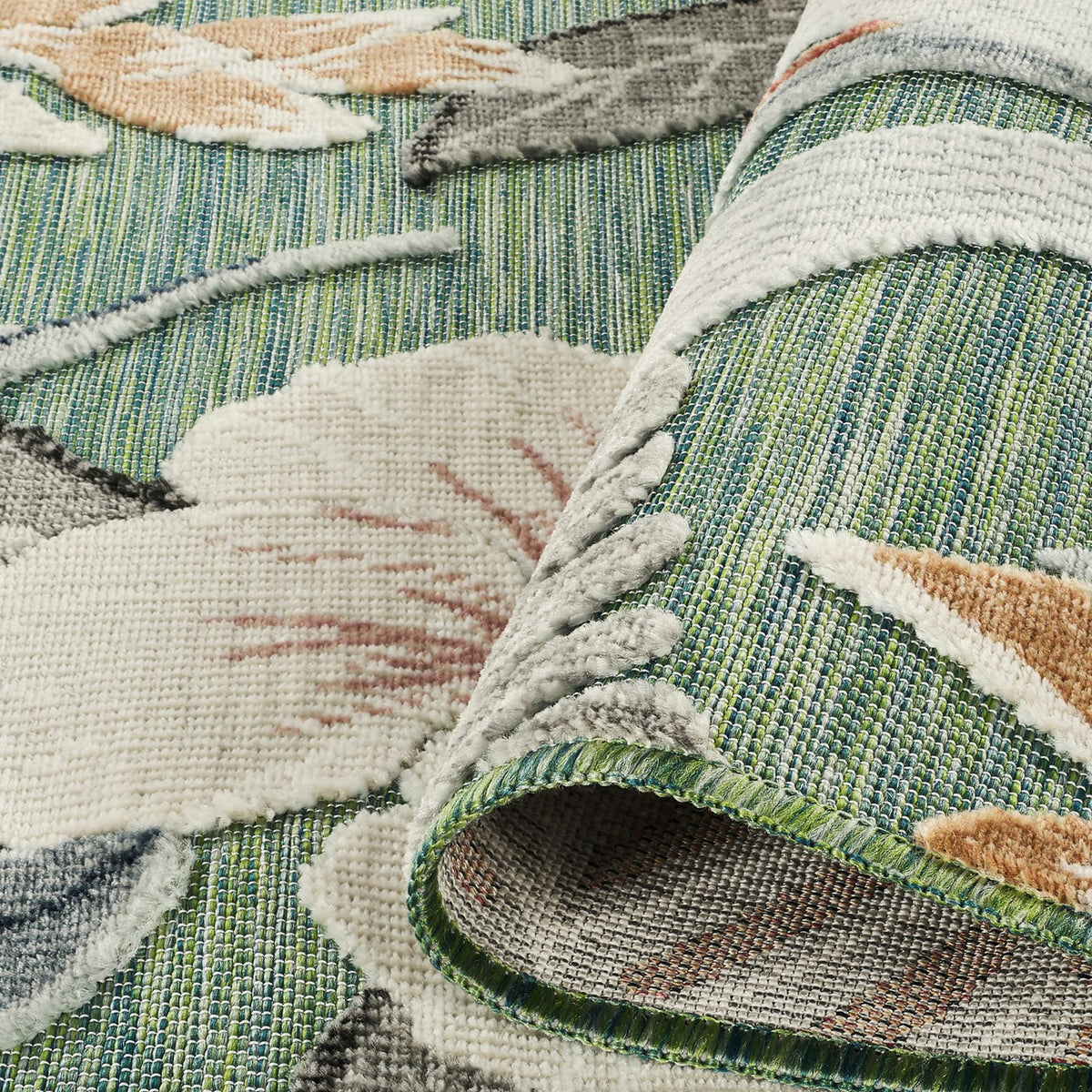 Sage Green Gardenia Lily floral rug, backing detail