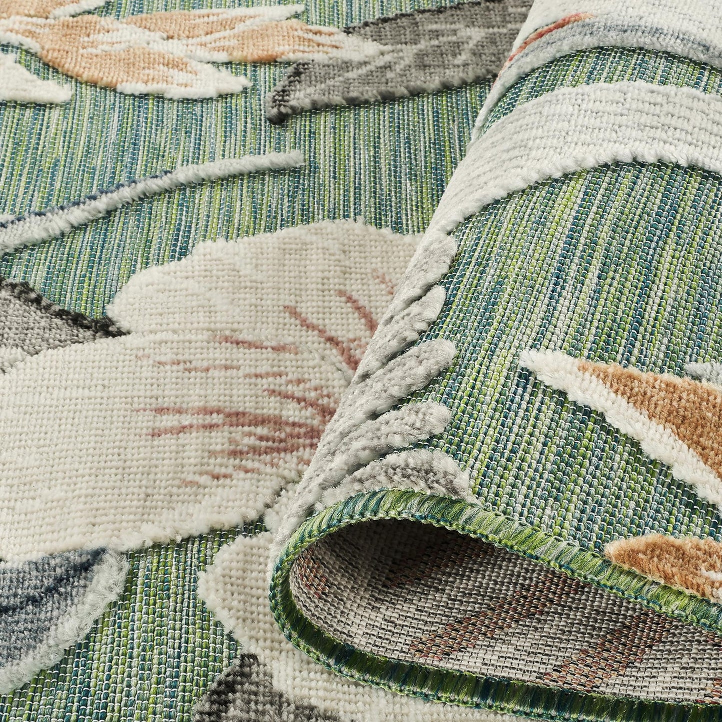 Sage Green Gardenia Lily floral rug, backing detail