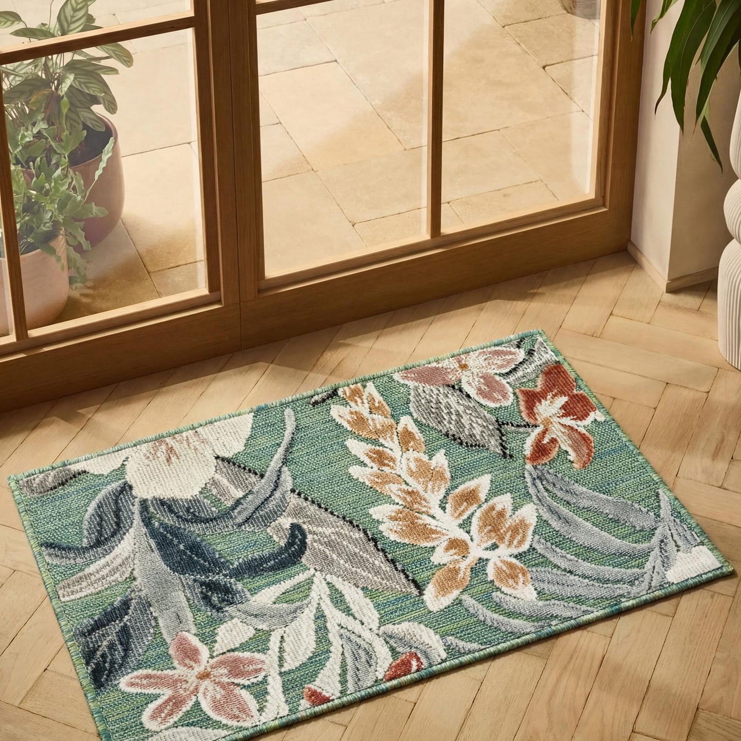 Sage Green Gardenia Lily floral rug, doormat view 2