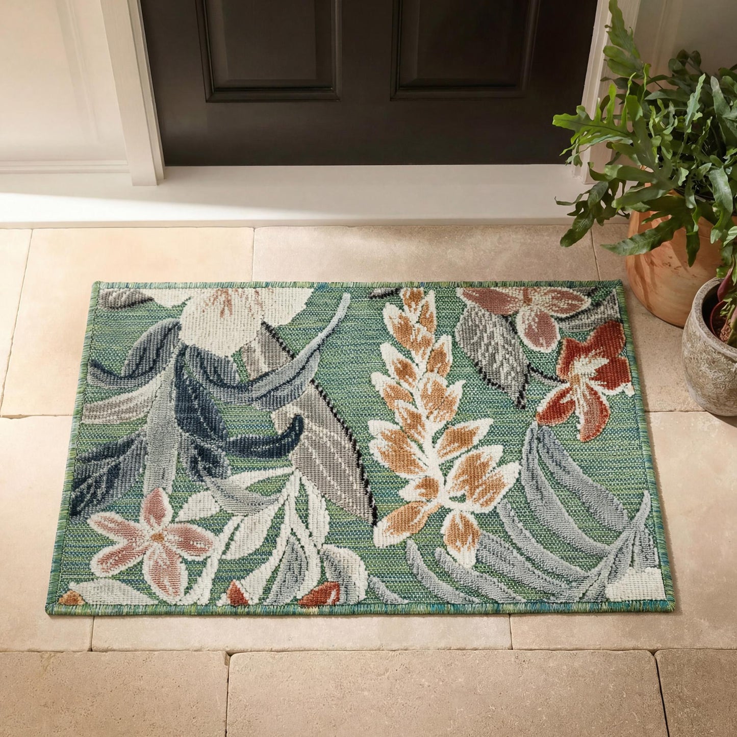 Sage Green Gardenia Lily floral rug, doormat view