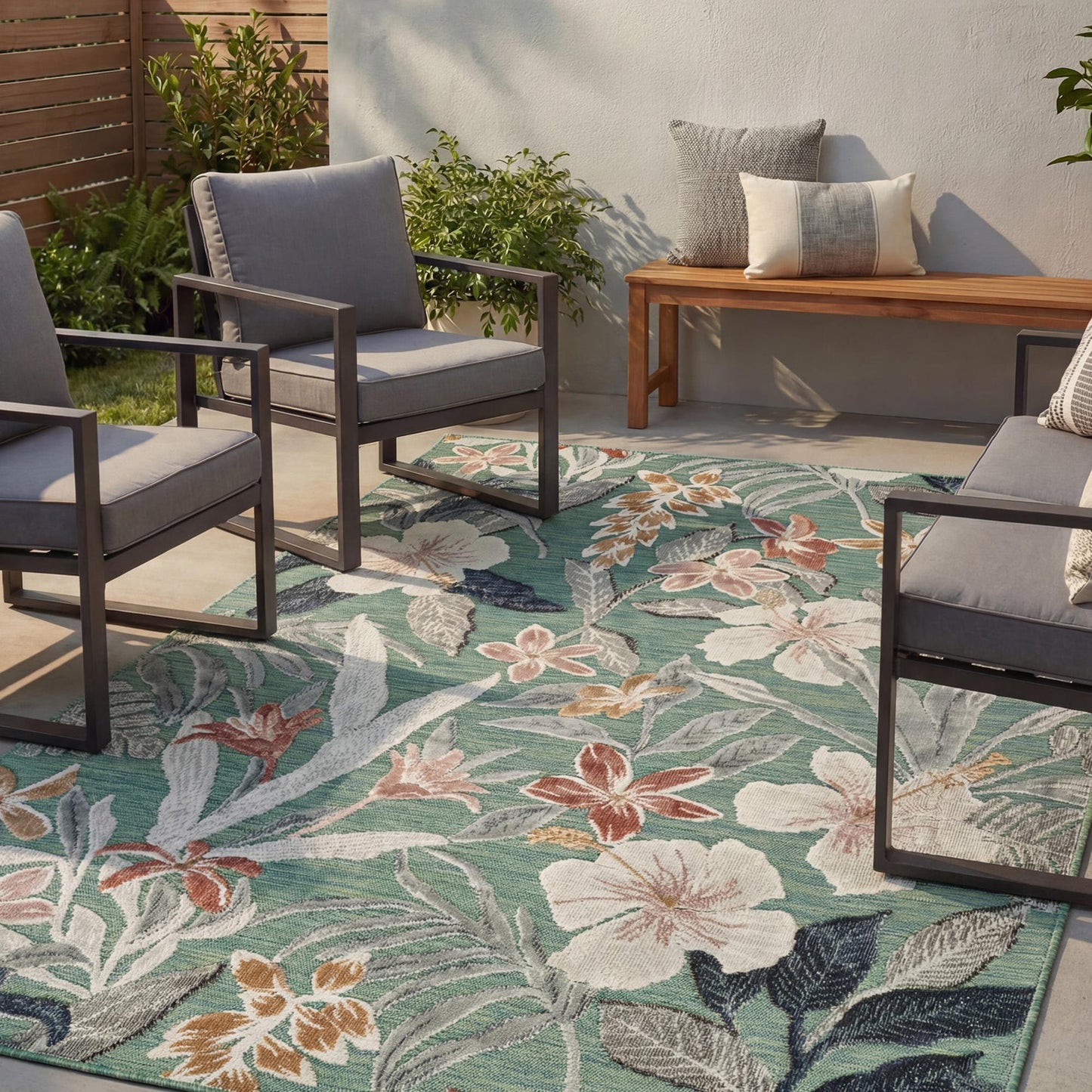 Sage Green Gardenia Lily floral rug, in a room setting 2