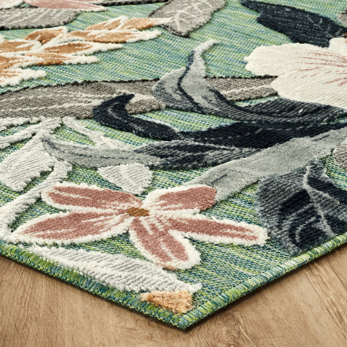 Sage Green Gardenia Lily floral rug, side profile
