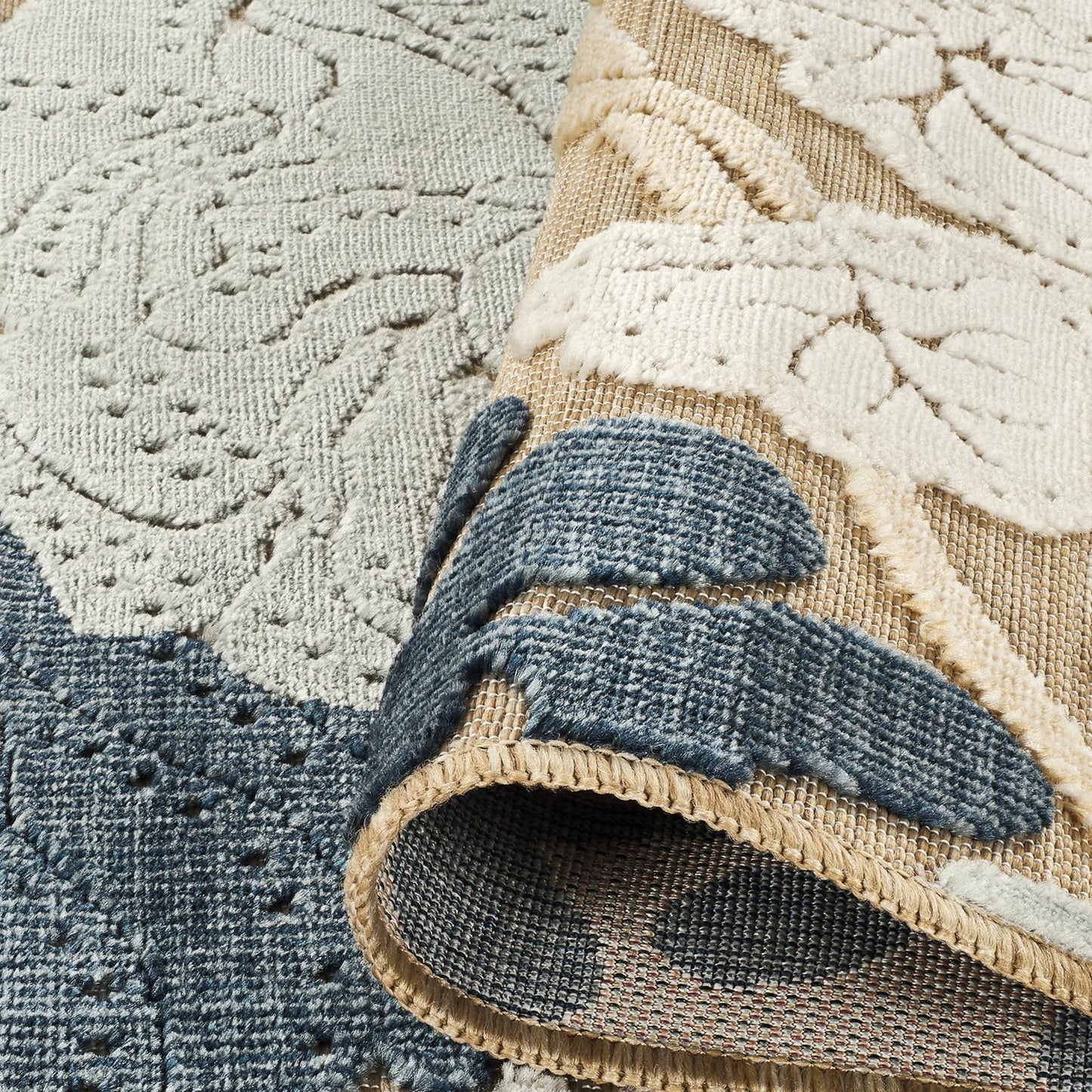 Beige Gardenia Orchid floral rug, backing detail