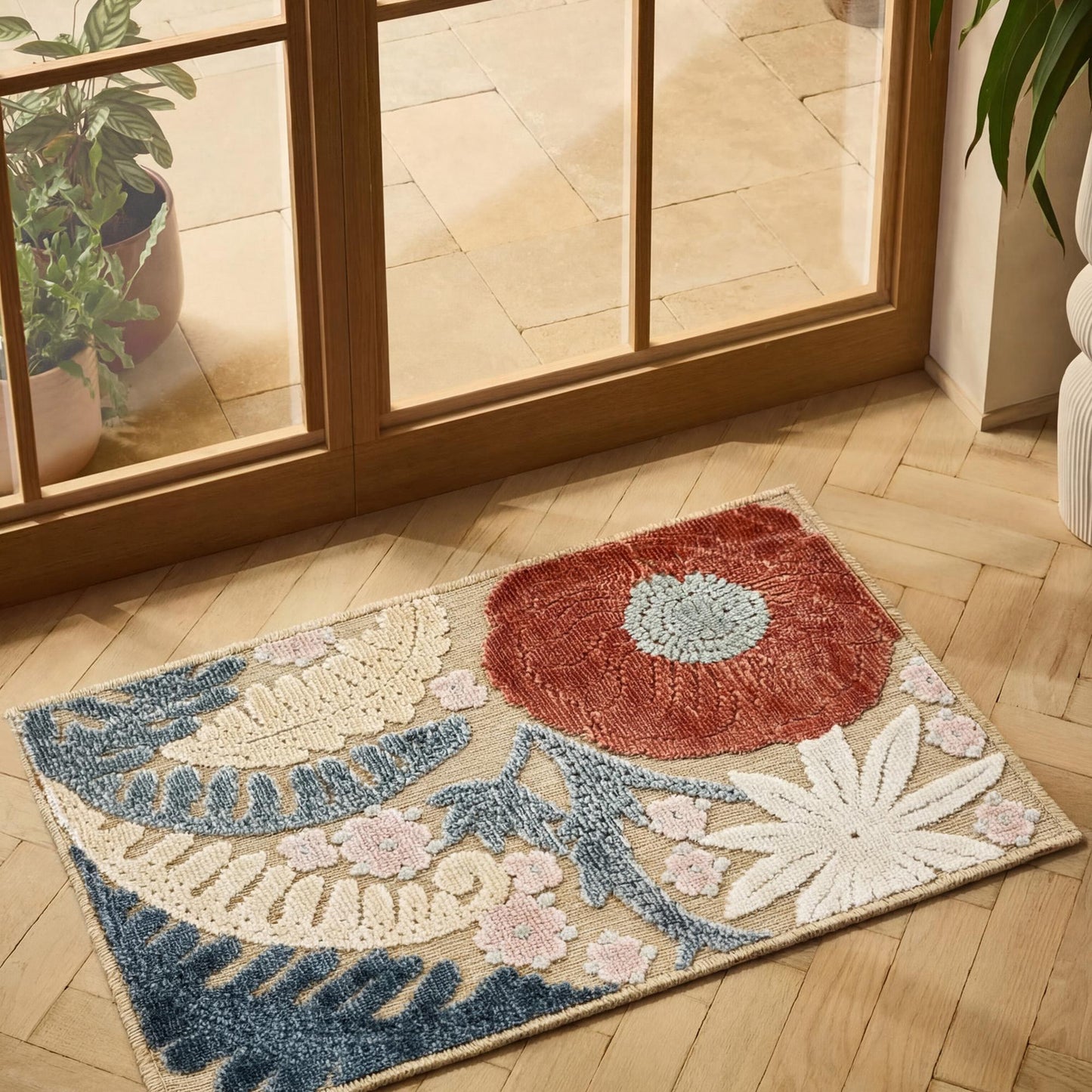 Beige Gardenia Orchid floral rug, doormat view 2