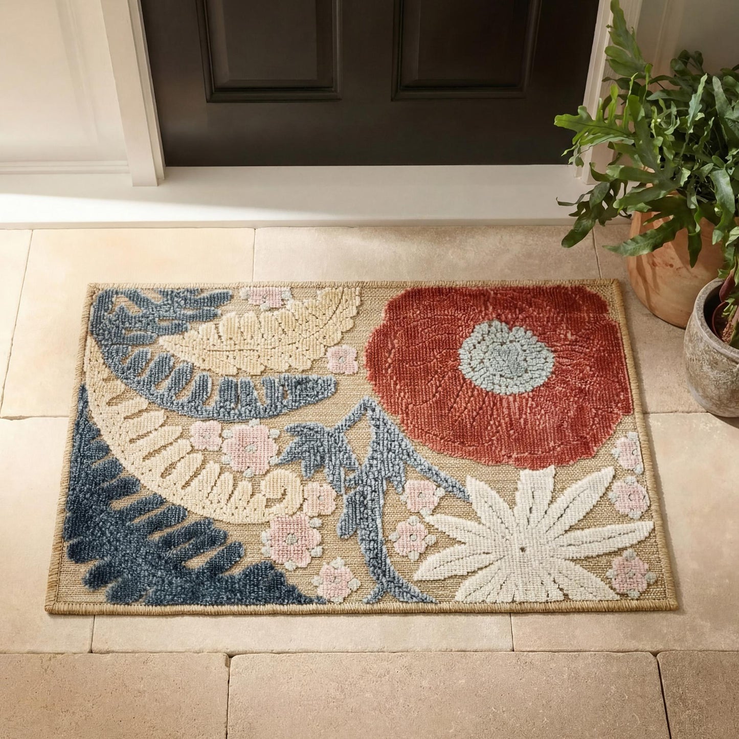 Beige Gardenia Orchid floral rug, doormat view