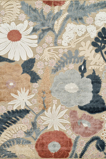 Beige Gardenia Orchid floral rug, flat portrait view