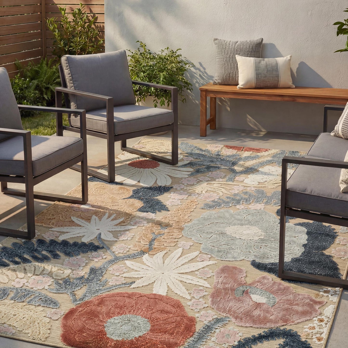 Beige Gardenia Orchid floral rug, in a room setting 2