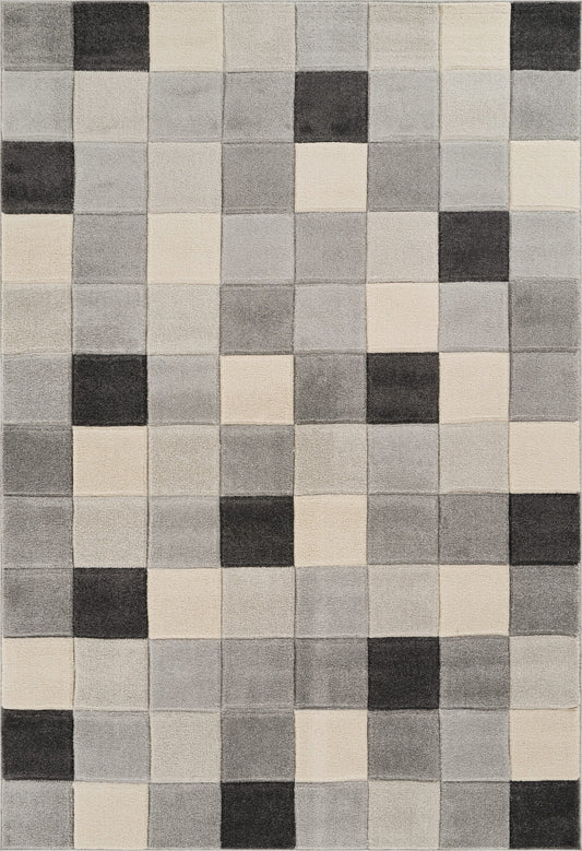 Grey Santiago Grid carved abstract rug, flat portrait view