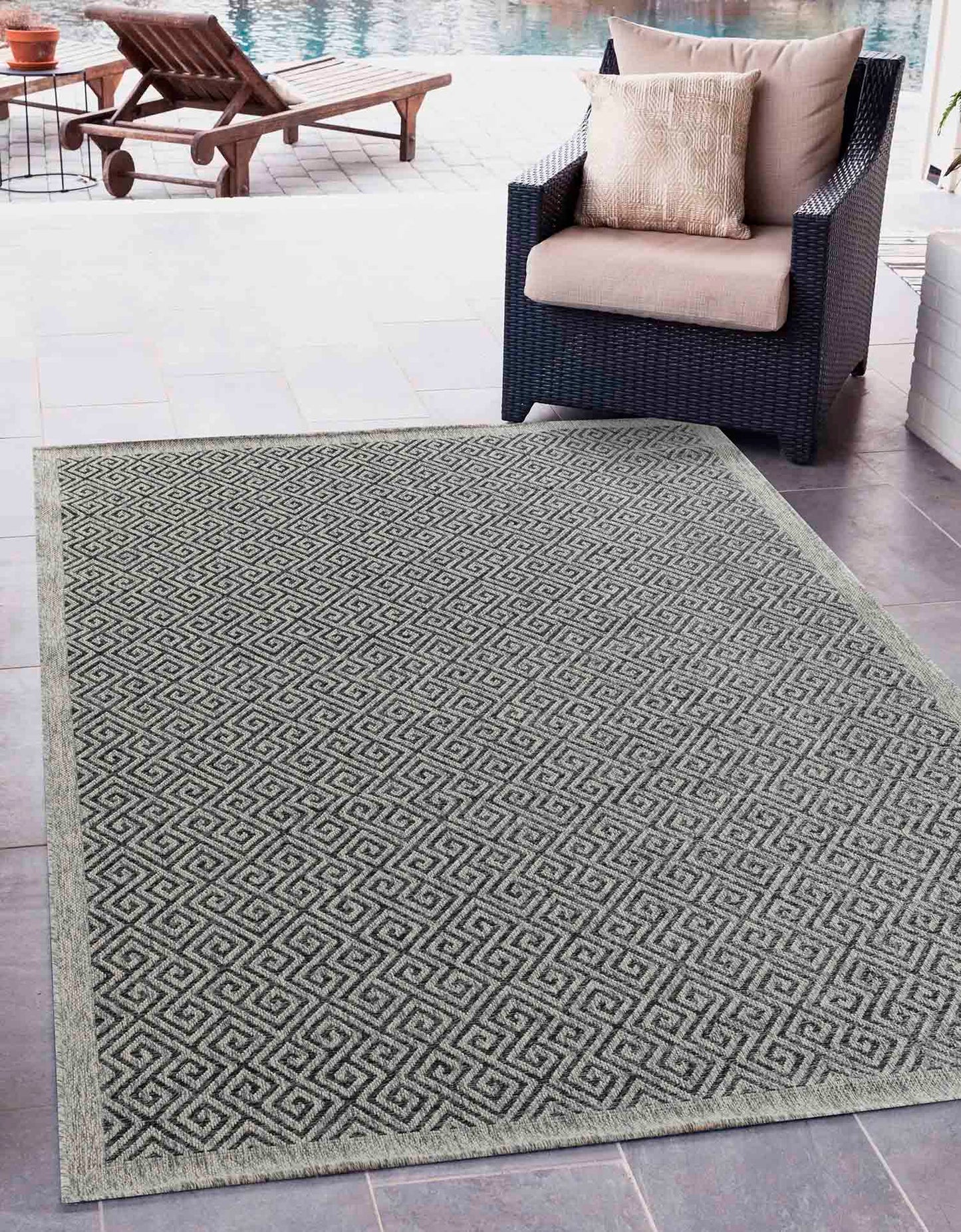 Harper Greek Key Outdoor Rug - Dark Grey