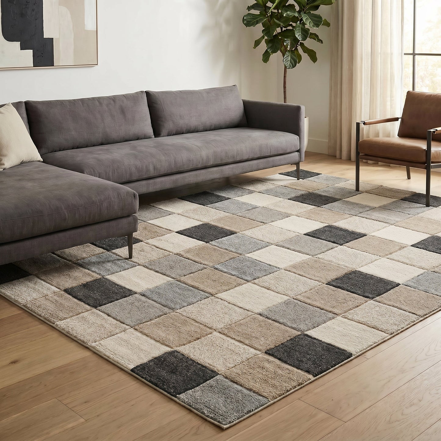 Santiago Carved Abstract Rug - Grid Beige