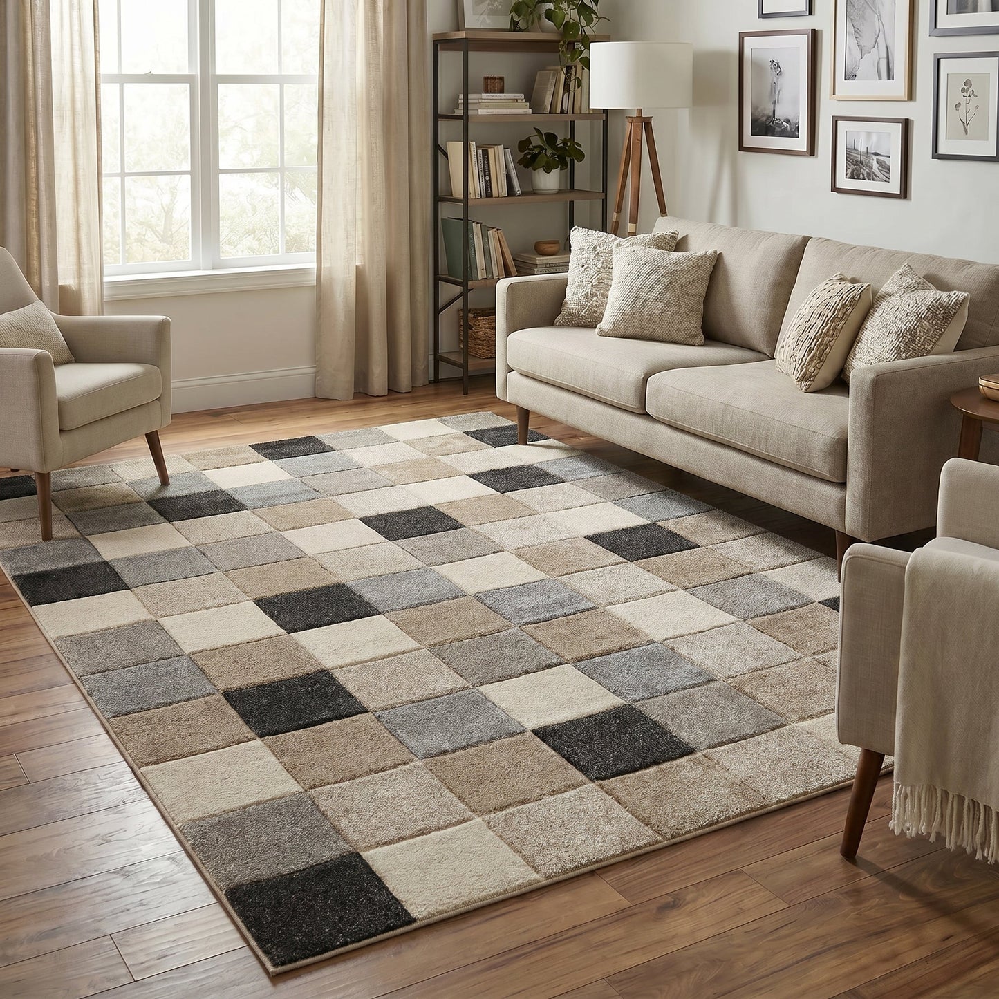 Santiago Carved Abstract Rug - Grid Beige
