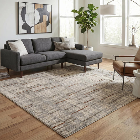 Grey Rhodes Hatch geometric rug, in a room setting