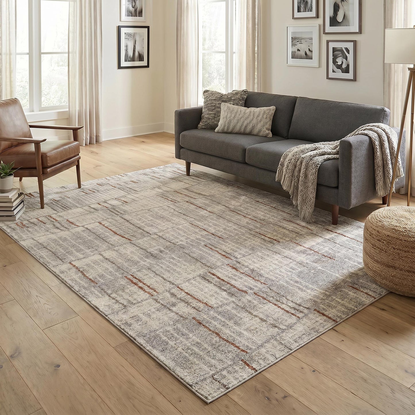 Rhodes Neutral Geometric Rug - Hatch Grey