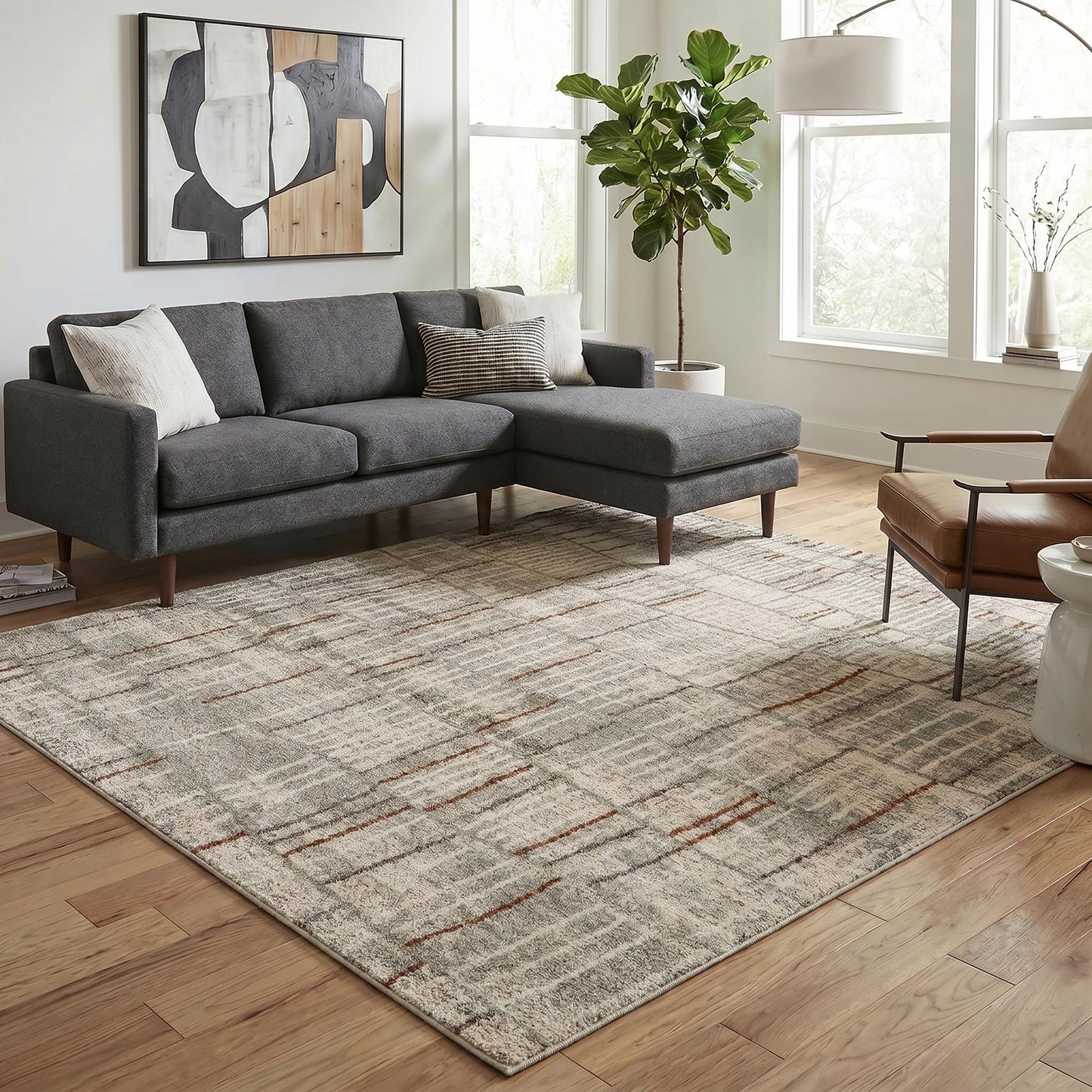 Rhodes Neutral Geometric Rug - Hatch Grey