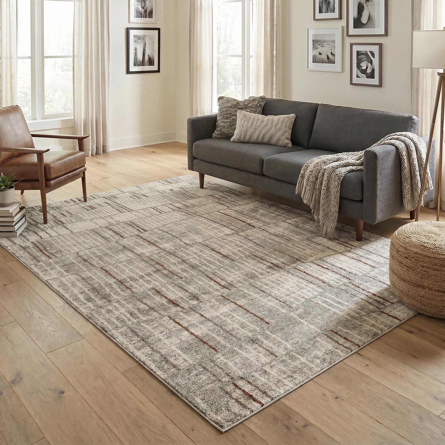 Rhodes Neutral Geometric Rug - Hatch Grey