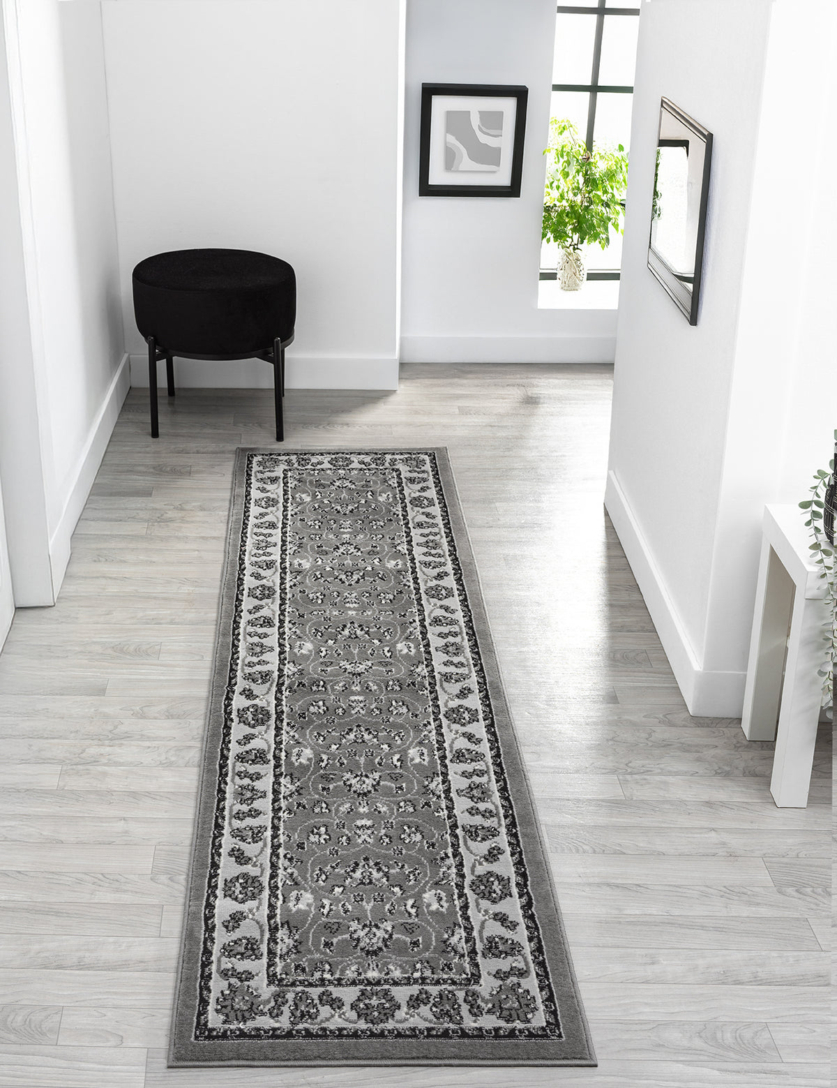 Grey Obsidian Classic monochrome rug, in a room setting 3