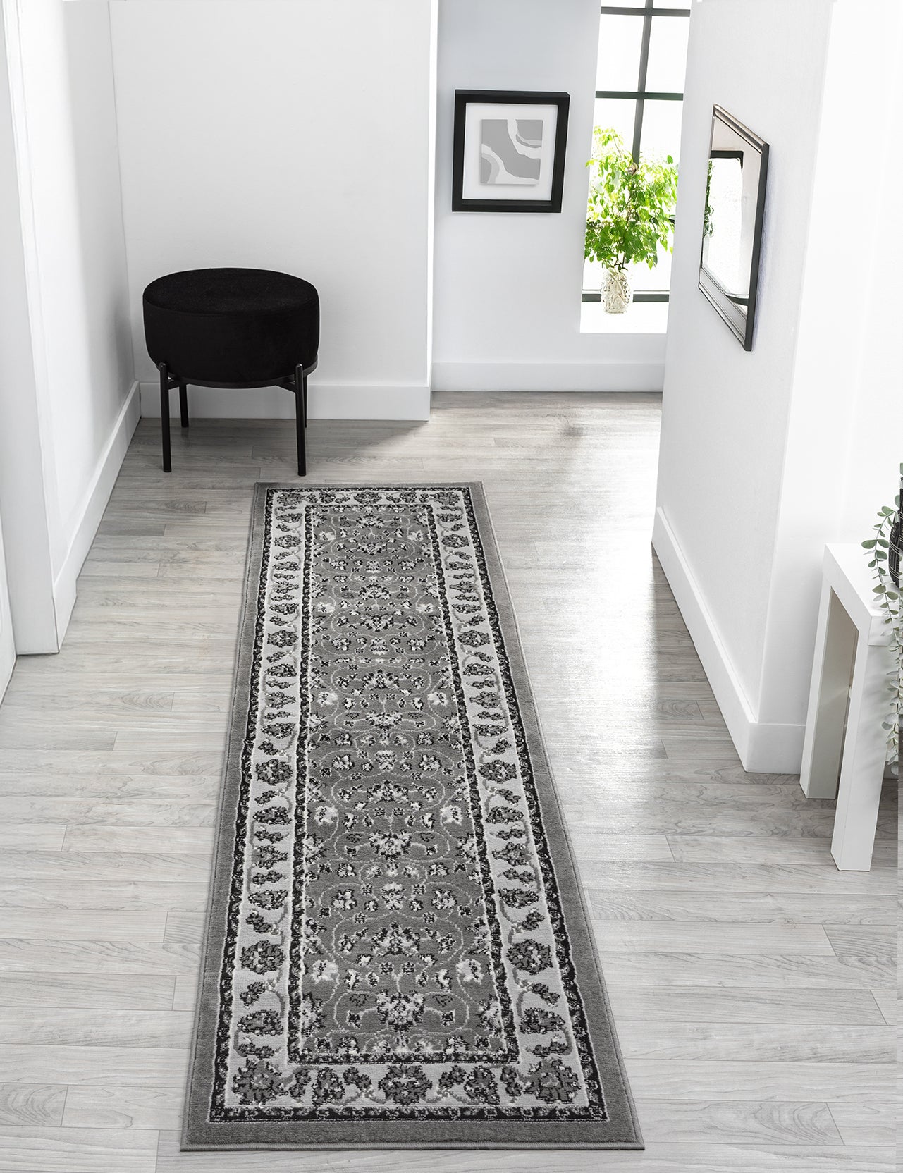 Grey Obsidian Classic monochrome rug, in a room setting 3