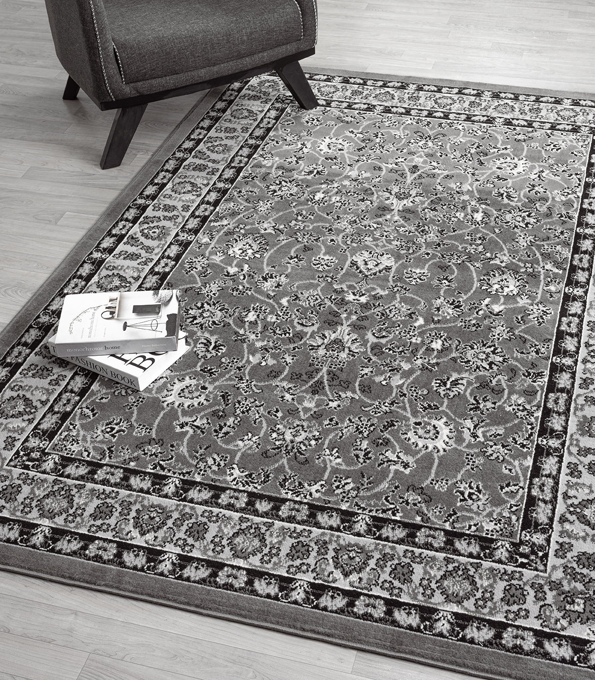 Grey Obsidian Classic monochrome rug, in a room setting 2